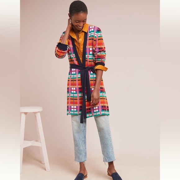 Anthropologie MOTH Long Cardigan Sweater Women’s Sz XS Willingston Plaid Belted - Picture 3 of 15